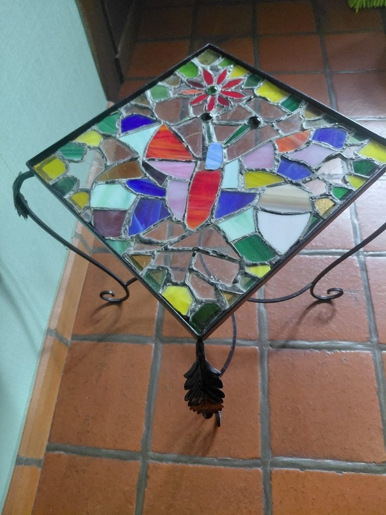 Unieke vintage mozaïek bijzettafel met vlinderdesign, Antiek en Kunst, Curiosa en Brocante, Ophalen of Verzenden