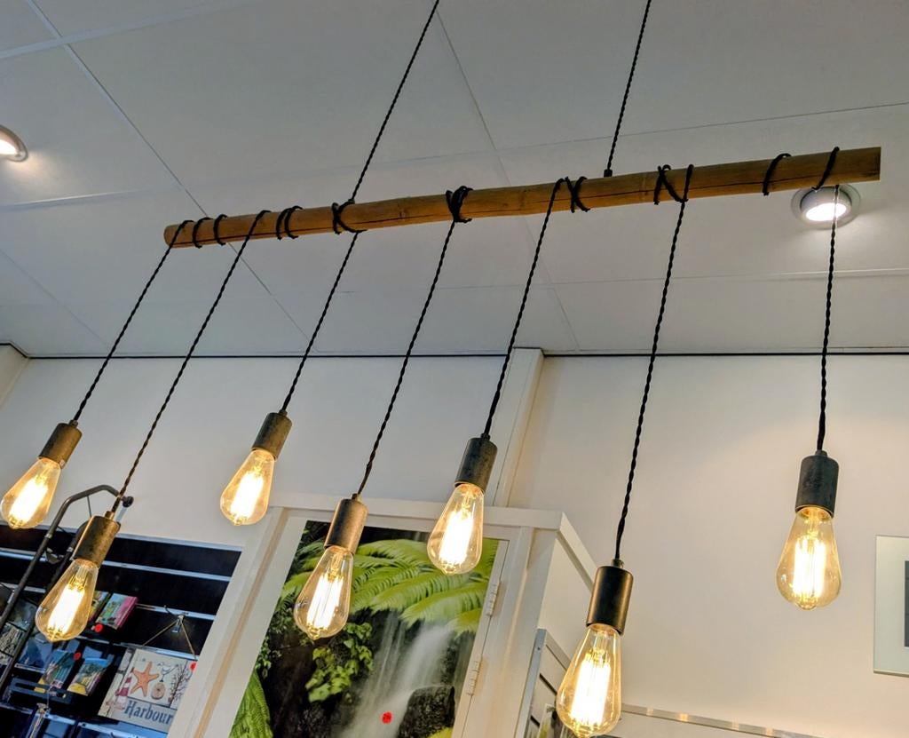 Hanglamp bamboe stok met 7 lichtpunten - 120 cm breed, Huis en Inrichting, Lampen | Hanglampen, Ophalen of Verzenden, Zo goed als nieuw