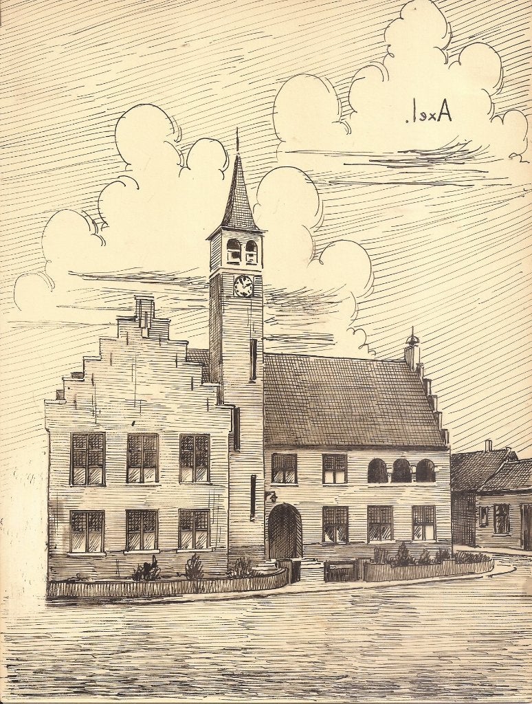 Axel Oude Stadhuis 1948 tekening Sievers, Ophalen of Verzenden