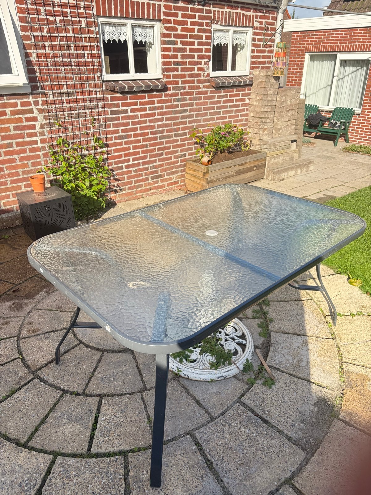 Glazen tuintafel met metalen frame GRATIS, Ophalen, Gebruikt, Rechthoekig, Metaal