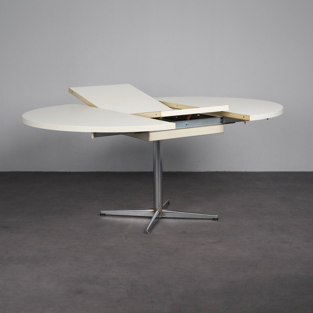 Uitschuifbare Ronde Eettafel Pastoe Jaren 70, Ophalen, Gebruikt, 100 tot 150 cm, Vijf personen of meer