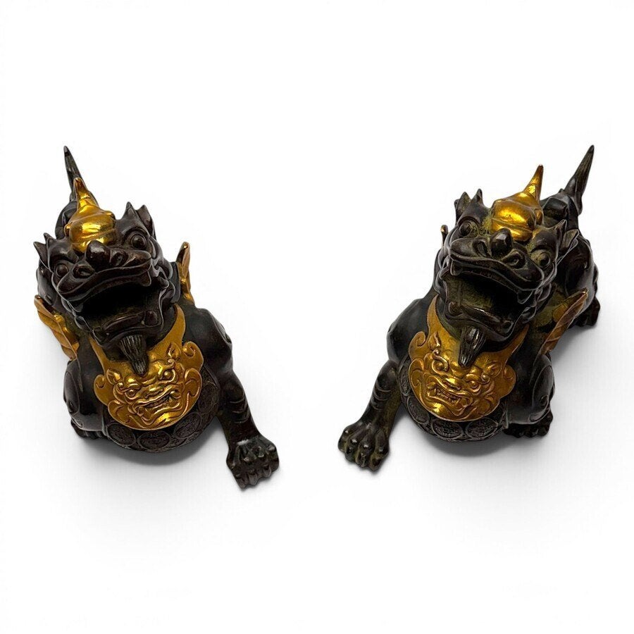 Twee bronzen tempelleeuwen, Antiek en Kunst, Ophalen of Verzenden
