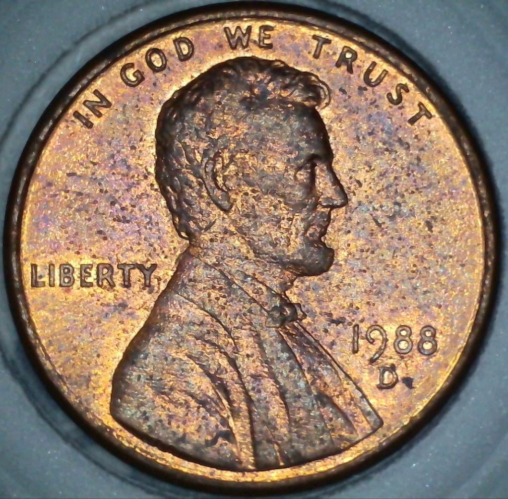 1988-D  Lincoln cent Die chips obverse + reverse 'S' + struc, Ophalen of Verzenden, Losse munt