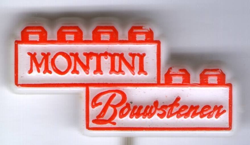 MONTINI bouwstenen rood op wit plastic speldje ( W_340), Verzamelen, Ophalen of Verzenden, Zo goed als nieuw, Merk, Speldje of Pin