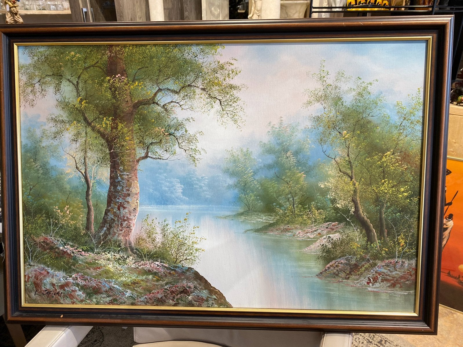 Schilderij van I. Cafieri: Landschap met water en bomen, Ophalen, Doek, Realistisch, Gesigneerd