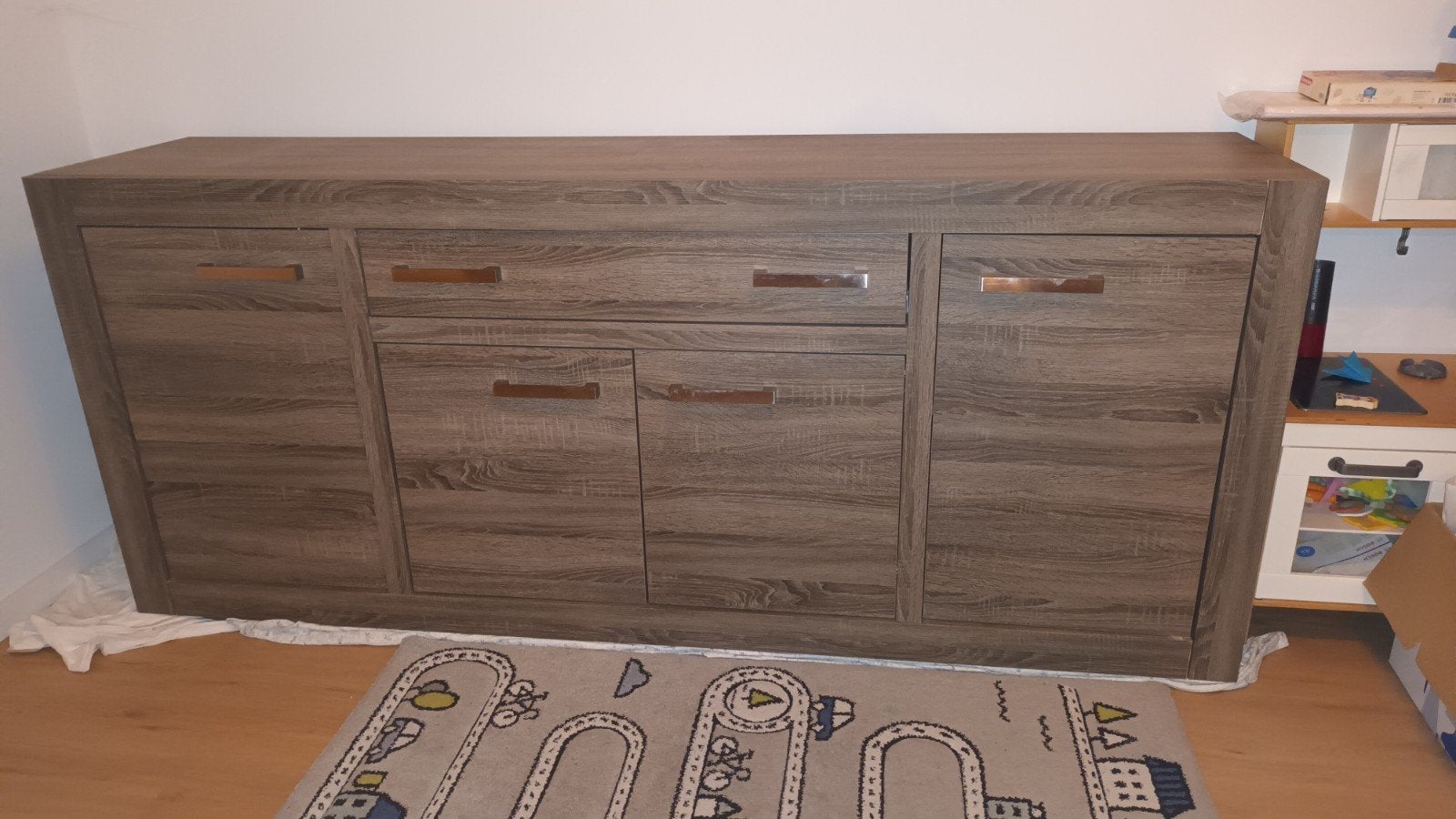 Dressoir moderne uitstraling en donker houten kleur, Ophalen, Gebruikt, Met deur(en), 200 cm of meer