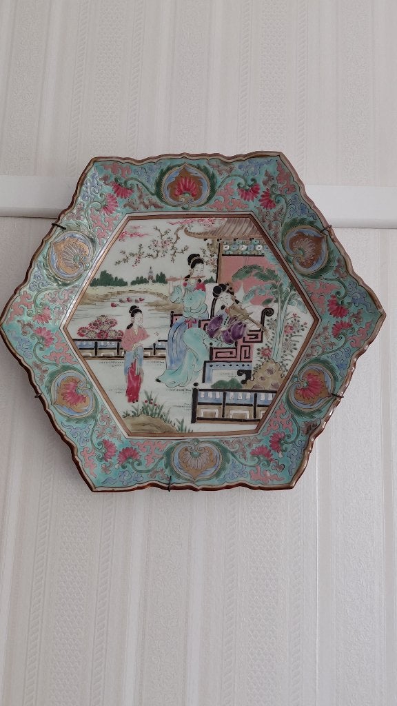 Japans wand bord keramiek zeskant multicolor blauw turquoise, Ophalen
