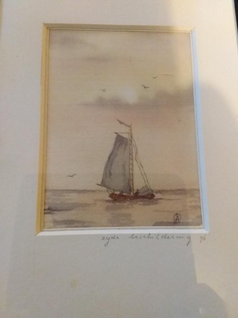 Zeilboot op zijde geschilderd, Antiek en Kunst, Kunst | Etsen en Gravures, Ophalen of Verzenden