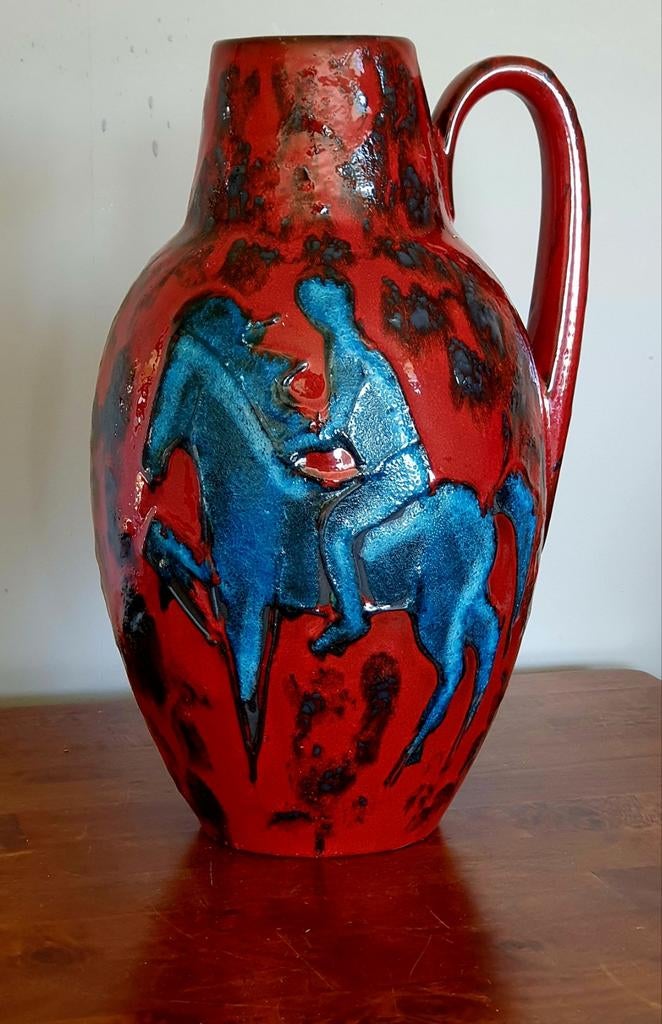 Scheurich Vloervaas West-Germany Rood Blauw Ruiter te Paard, Antiek en Kunst, Antiek | Vazen, Ophalen of Verzenden
