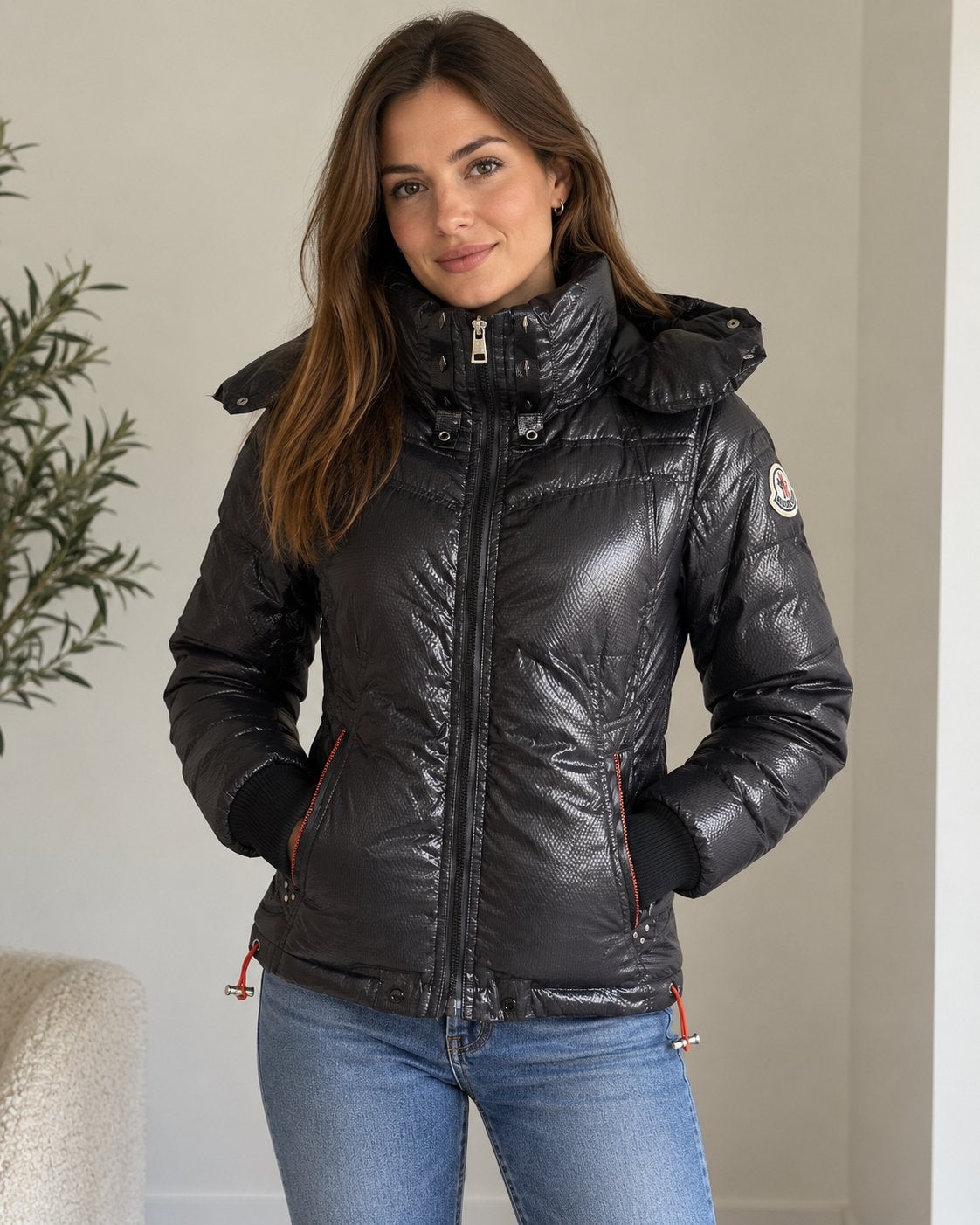 Vintage Moncler donsjas zwart glanzend nylon, maat XS/36, Verzenden, Gedragen, Maat 36 (S), Zwart