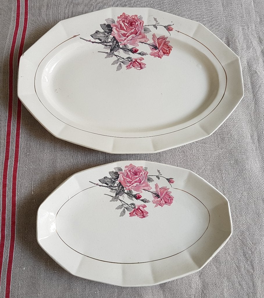 Mooie oude serveerschalen, roze roos, Ophalen of Verzenden
