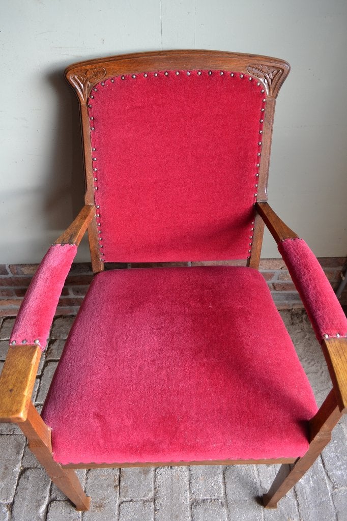 Prachtige antieke eiken Art Deco stoel met rode velours, Verzenden