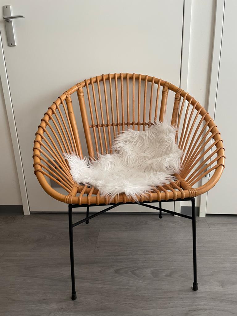 Rotan stoel met metalen onderstel, Huis en Inrichting, Stoelen, Gebruikt, Eén, Riet of Rotan, Overige kleuren, Ophalen