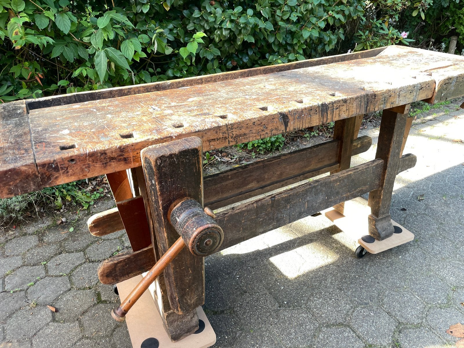 Massief eiken antieke werkbank, Ophalen, Gebruikt, 170 cm of meer, Bankschroef