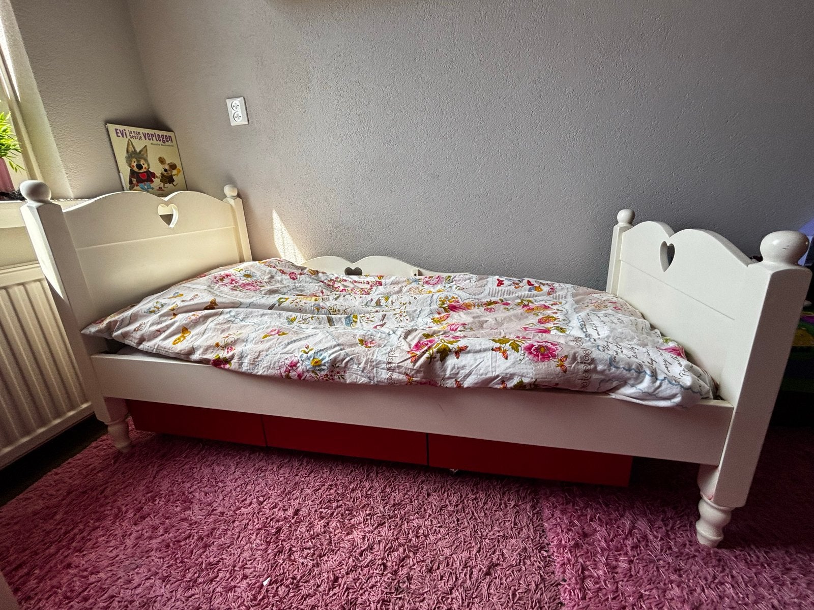 Peuterbed Emma met hartjes - Wit, Ophalen, Gebruikt, 70 tot 85 cm, 140 tot 160 cm