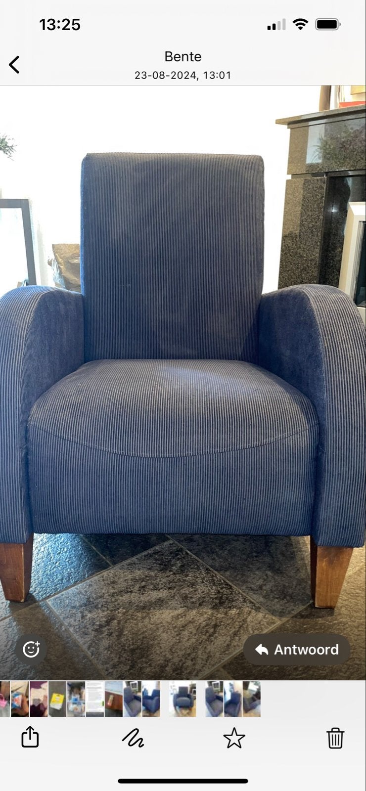 Donker blauwe fauteuil ribstof, Ophalen, Gebruikt, Stof, 75 tot 100 cm