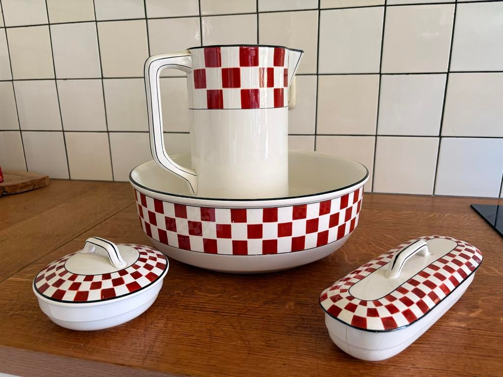Lampetstel met Rood Geruit Patroon - Compleet, Antiek en Kunst, Ophalen
