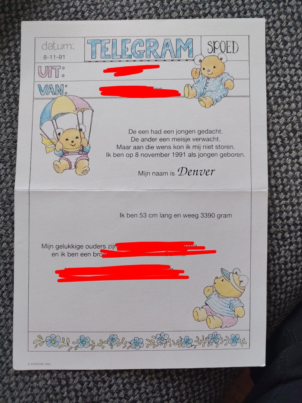 bijzondere voornaam, Ophalen of Verzenden, 1990 tot 2000, Geboortekaartje
