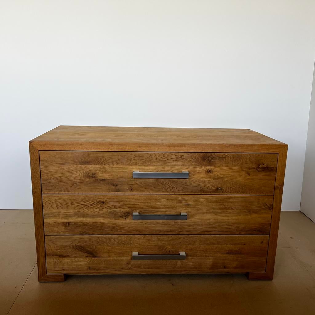 Ladekast / Commode – Massief Europees Eiken -3 lades, Huis en Inrichting, 100 tot 150 cm, Eikenhout, Nieuw, Ophalen of Verzenden