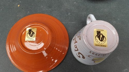 Kop en schotel, handwerk uit Haalderen, 2x van aardewerk, gr, Ophalen of Verzenden, 'T Olde Gre-j, Info@toldegrej.nl, Endepoelstraat 20f Didam