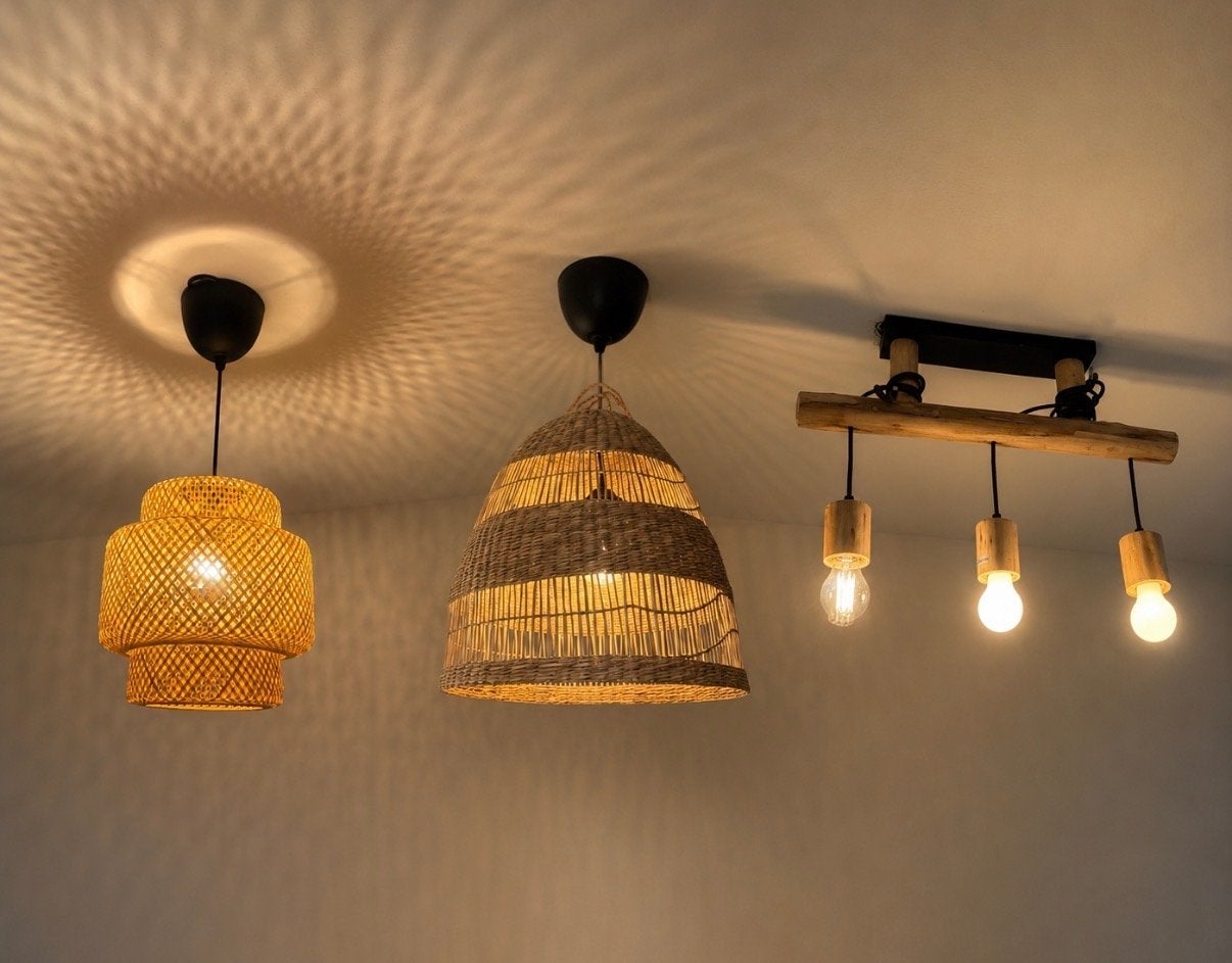Set 3 rotan/bamboe en houten plafondlamp, Ophalen, Gebruikt, Hout