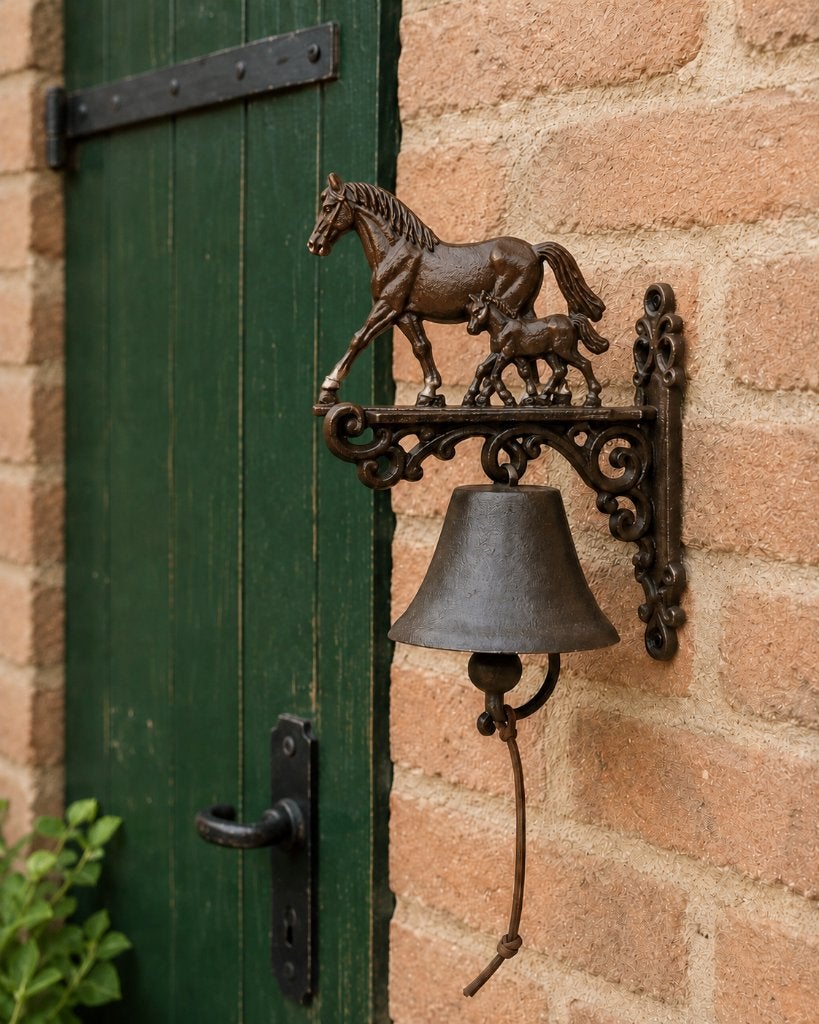 DEURBEL / PAARD MET VEULEN/ GIETIJZER / bruin, Tuin en Terras, Tuinwanddecoratie, Huis en tuin decoratie Marie, Nieuw, Info@huisentuindecoratiemarie.nl