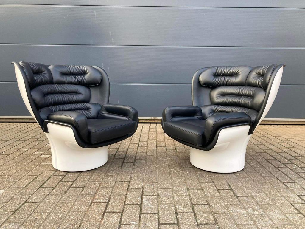 2x Joe Colombo Elda Chair Black leather, White fiberglass, Huis en Inrichting, Fauteuils, Ophalen of Verzenden