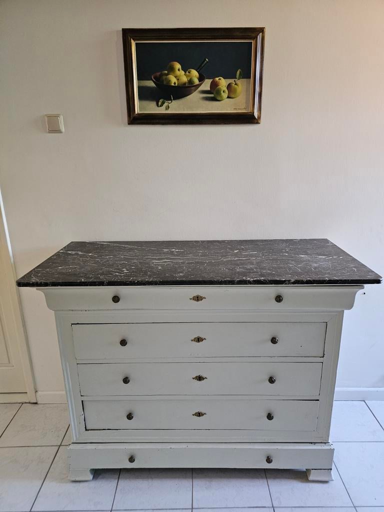 Antieke ladekast / commode - marmer blad - vintage opknapper, Ophalen, Gebruikt, 100 tot 150 cm, 5 laden of meer