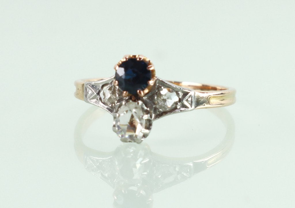 Antieke goud met platina ring saffier roosdiamant, Ophalen of Verzenden, Goud, Ring, Met edelsteen