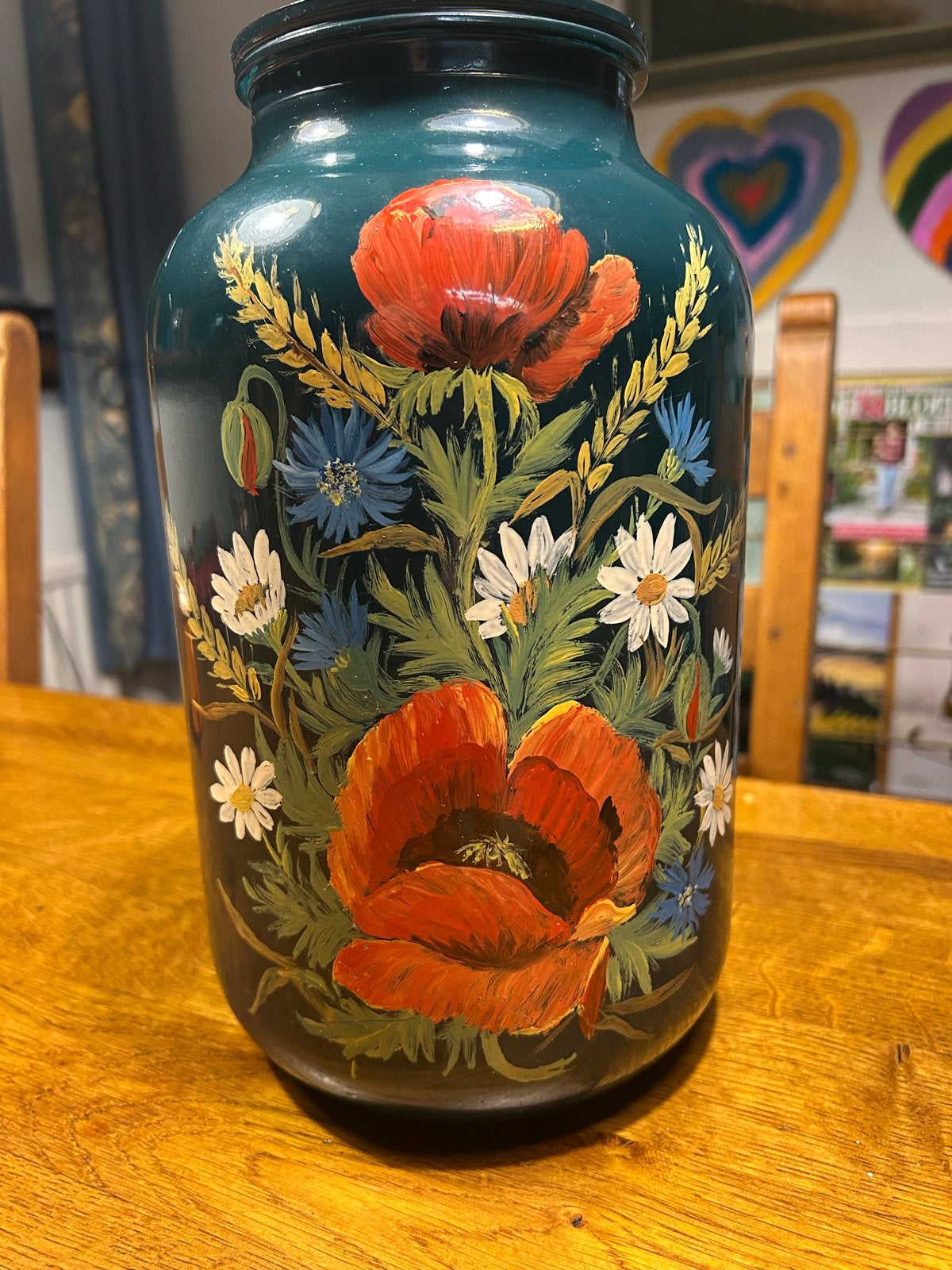 Vintage handgeschilderde vaas met bloemenmotief, Ophalen of Verzenden