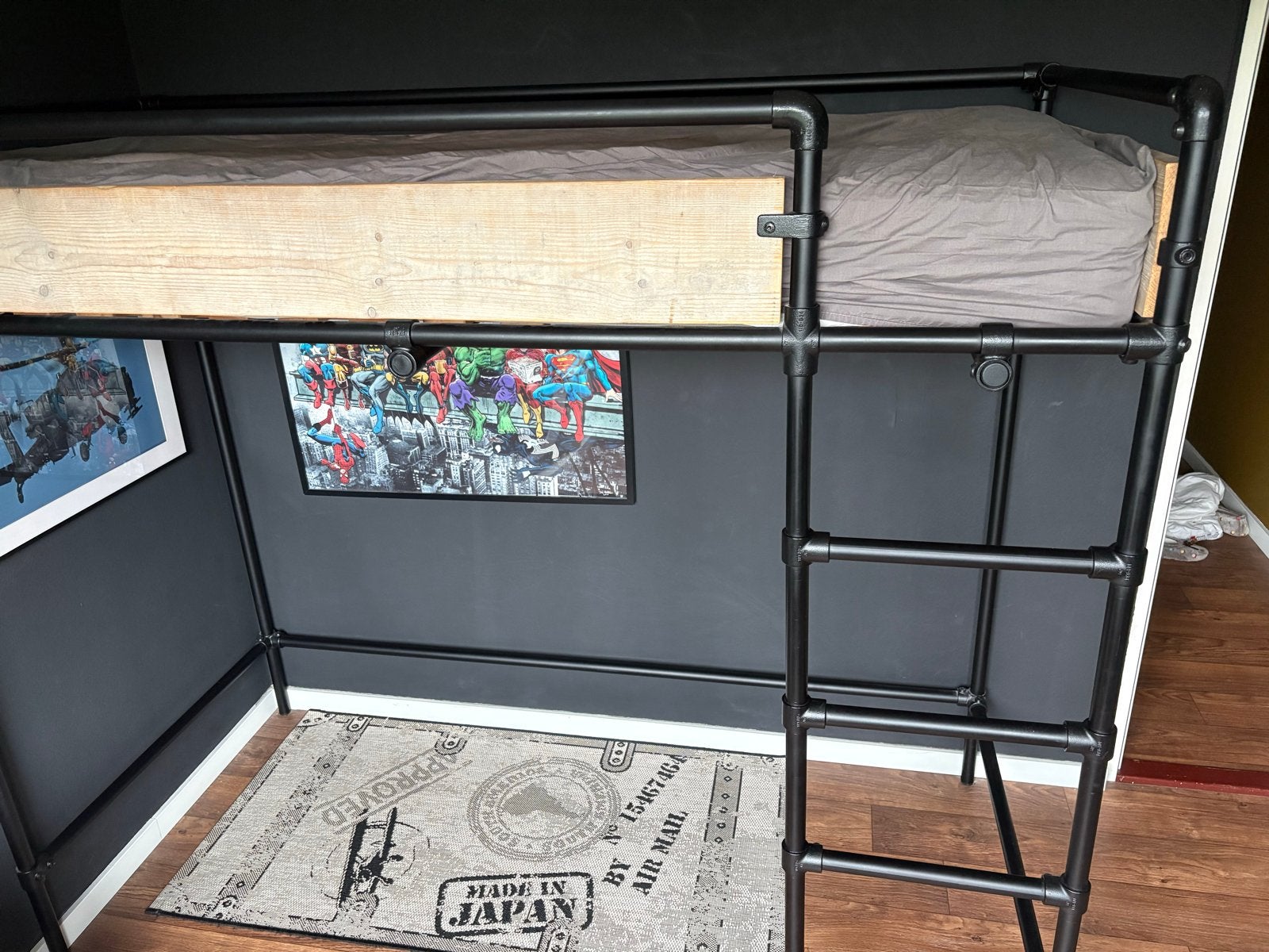 Stoere hoogslaper van steigerbuis - 200x90 cm met matras, Ophalen, Gebruikt, Eenpersoons, 200 cm