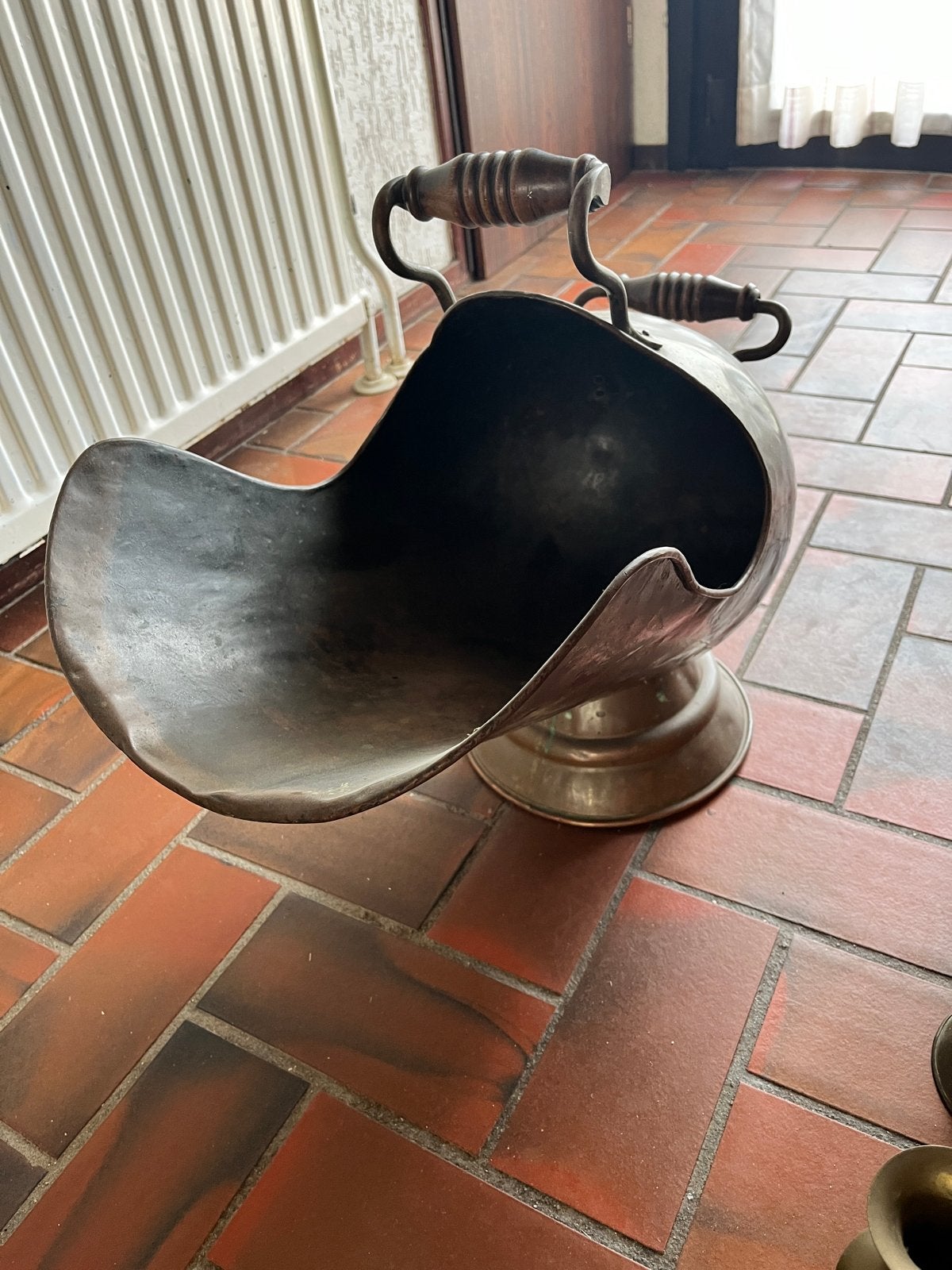 Antieke Koperen Kolenkit met Houten Handvat, Ophalen, Koper