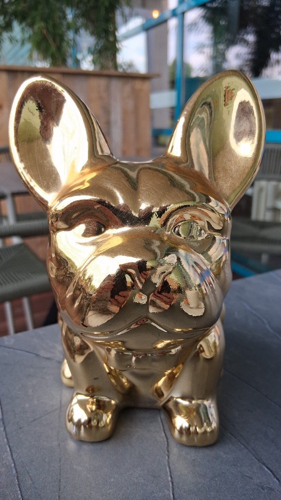 Gouden Franse Bulldog beeldje spaarpot, Ophalen of Verzenden, Zo goed als nieuw, Steen/keramiek, Goud