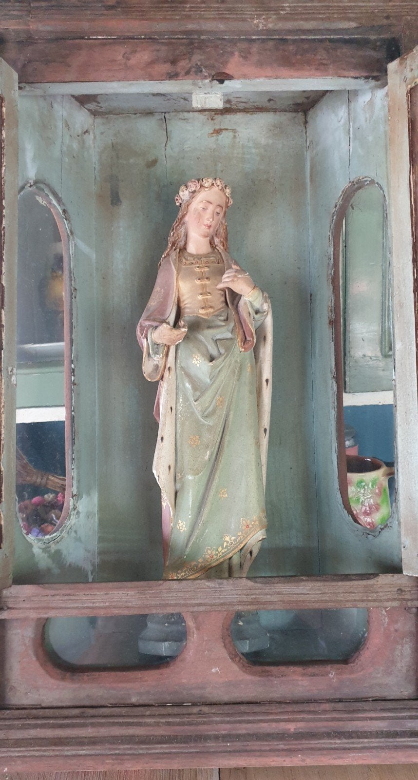 Zeer oud roze kastje met deurtjes oud glas, Antiek en Kunst, Curiosa en Brocante, Ophalen of Verzenden