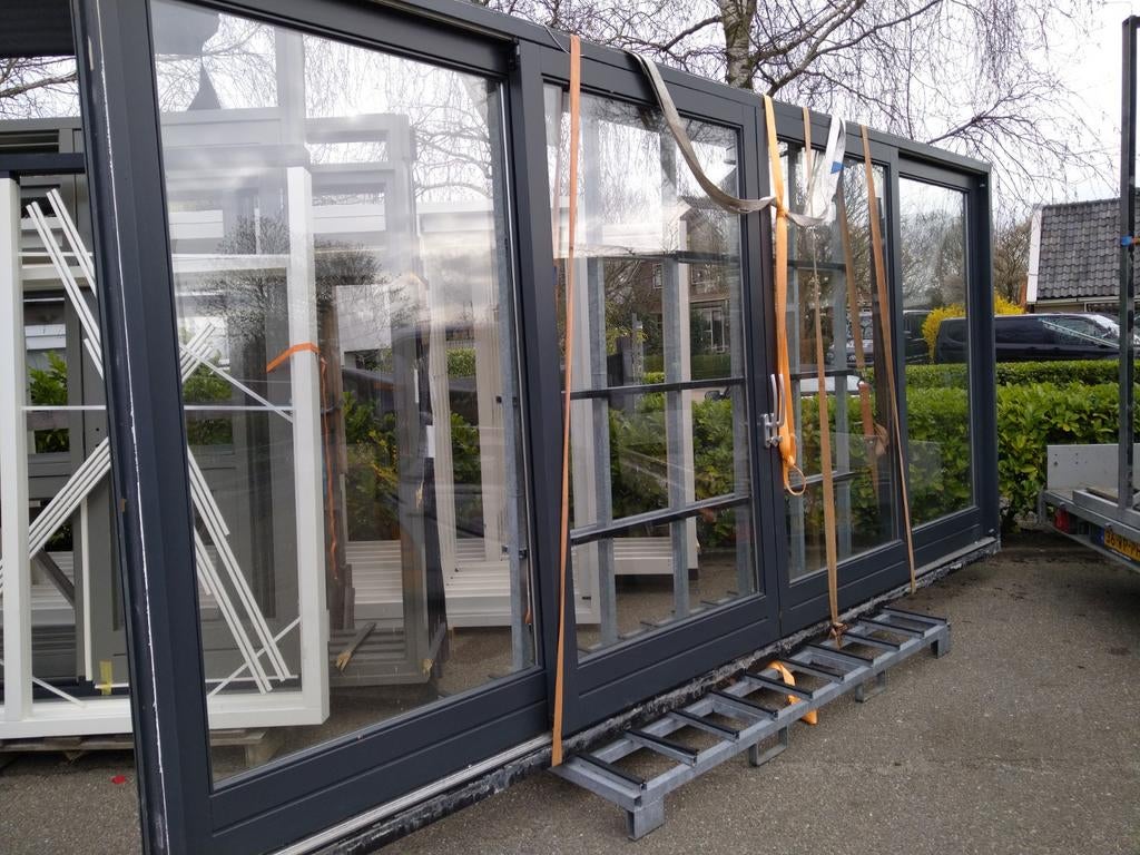 Hardhout kozijn met w schuifdeuren 4 vakken, Ophalen, Schuifdeur, Glas, 120 cm of meer