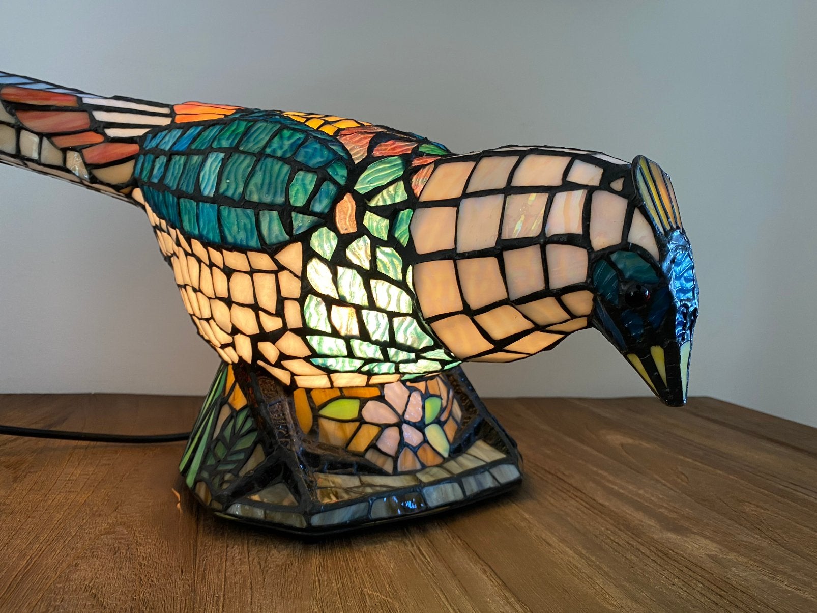 Bijzondere unieke mooie grote Tiffany tafellamp fazant, Gebruikt, Tiffany lamp, Ophalen of Verzenden, Glas