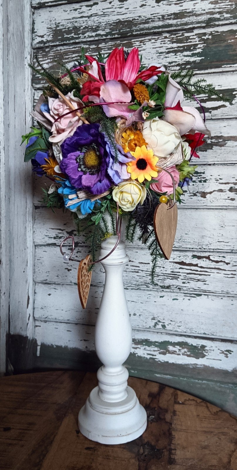 Decoratieve bloemenstandaard met diverse bloemen, Hout, Meerkleurig, Ophalen of Verzenden, Landelijk