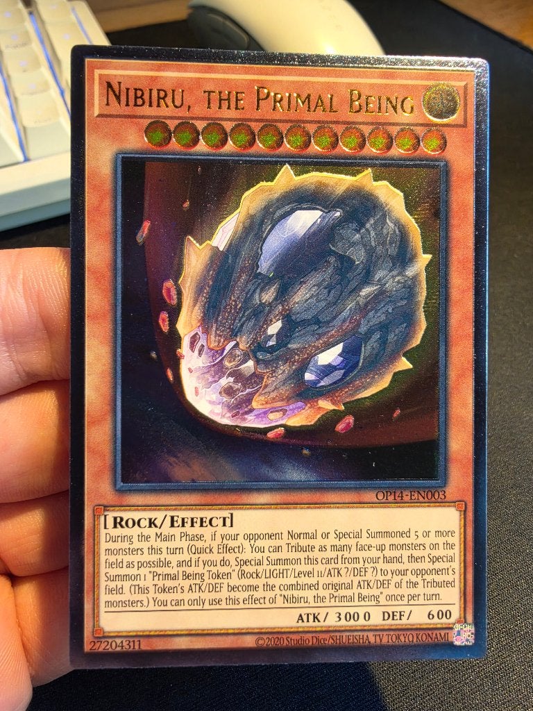 3x Nibiru, the Primal Being (OP14-EN003, Ultimate Rare), Ophalen of Verzenden, Zo goed als nieuw, Meerdere kaarten, Foil
