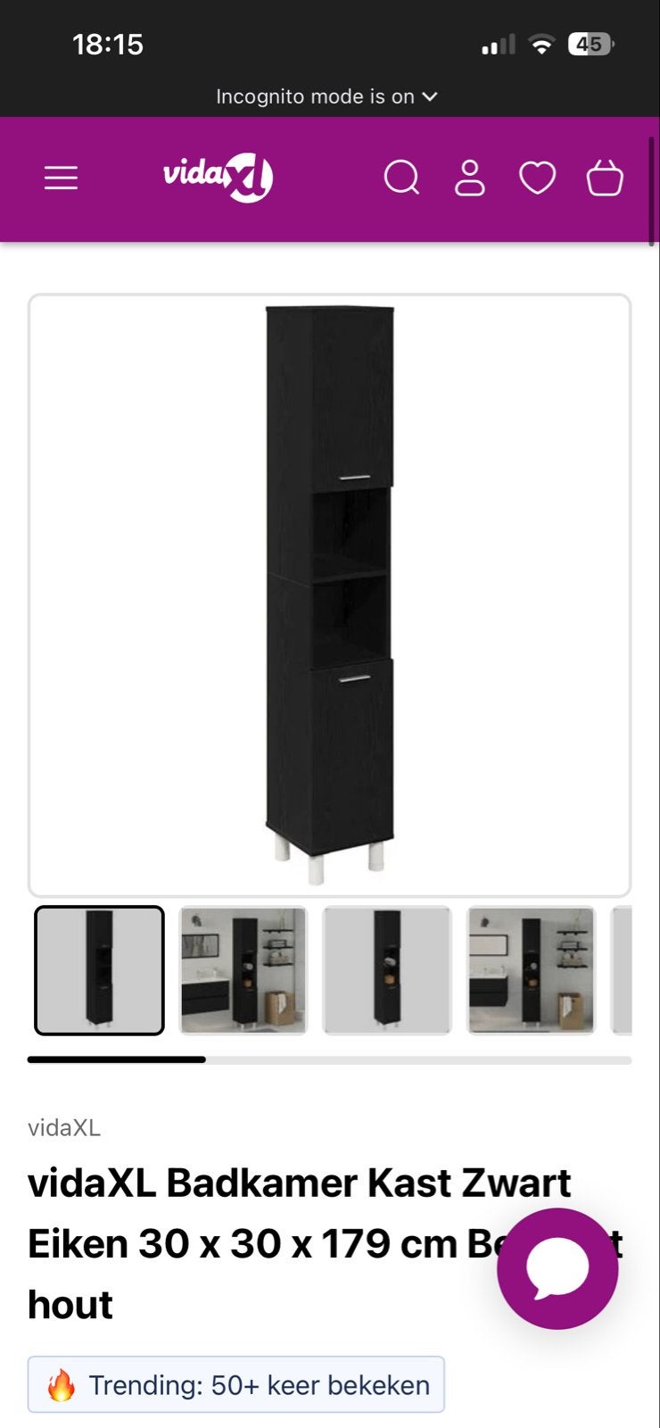 Badkamer Kast Zwart 30x30x179 cm, Ophalen, (Half)hoge kast, Minder dan 50 cm, Gebruikt
