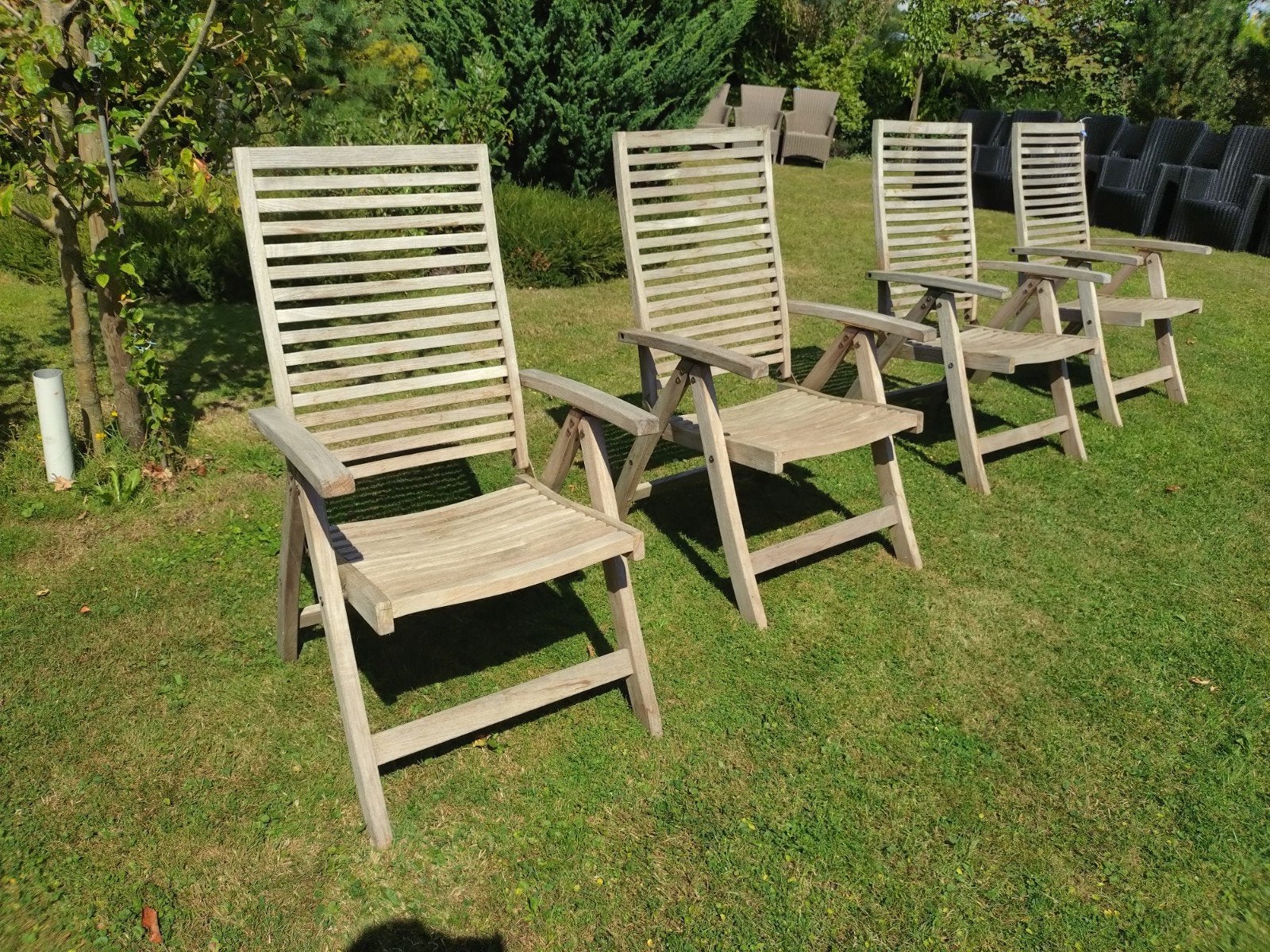 Set van 4 mooie Queens Teak standen stoelen, Ophalen, Gebruikt, Teakhout