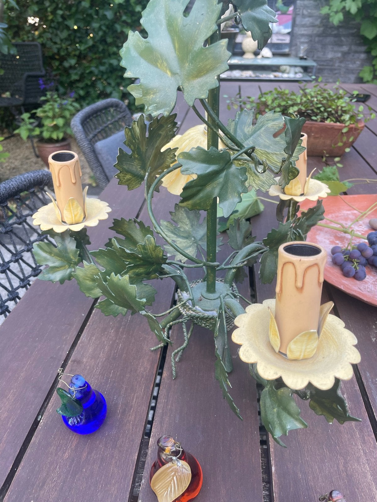Vintage Kroonluchter met Druivenbladeren en Glazen Fruit, Ophalen of Verzenden, Overige materialen