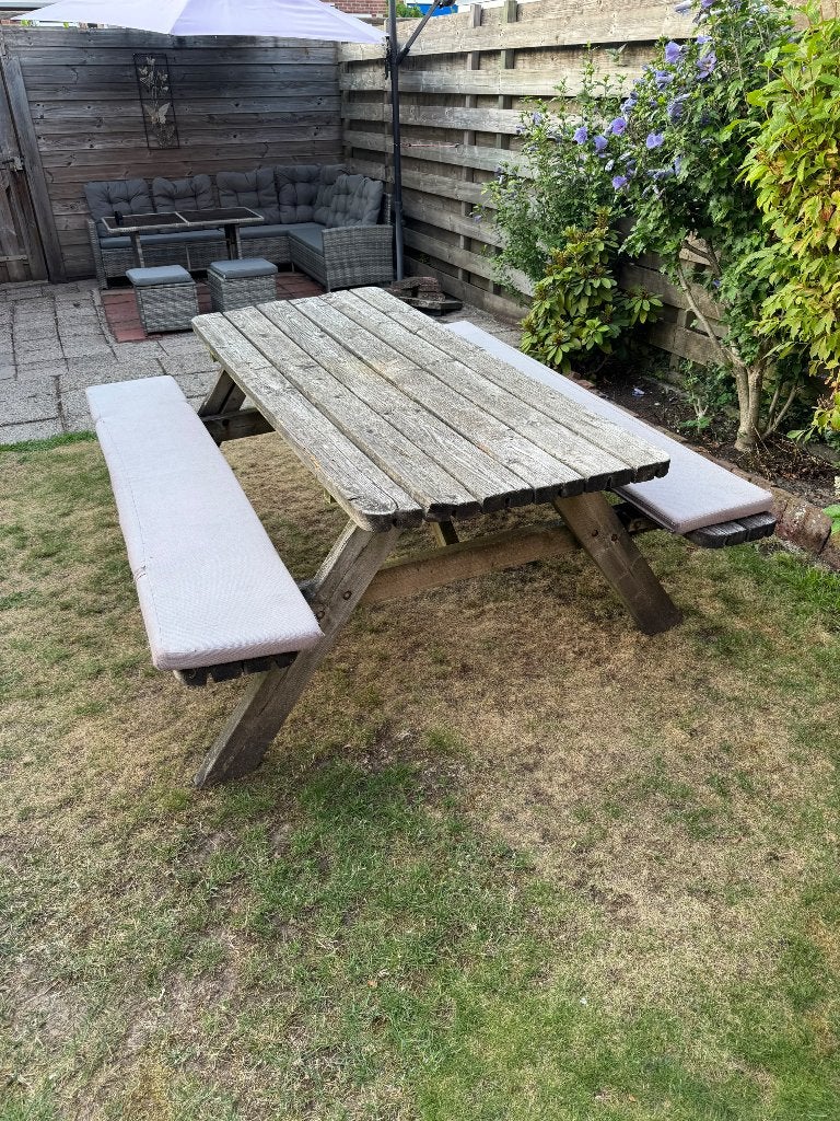 Houten picknick tafel met bank kussens, Ophalen, Gebruikt, Inklapbaar, Rechthoekig
