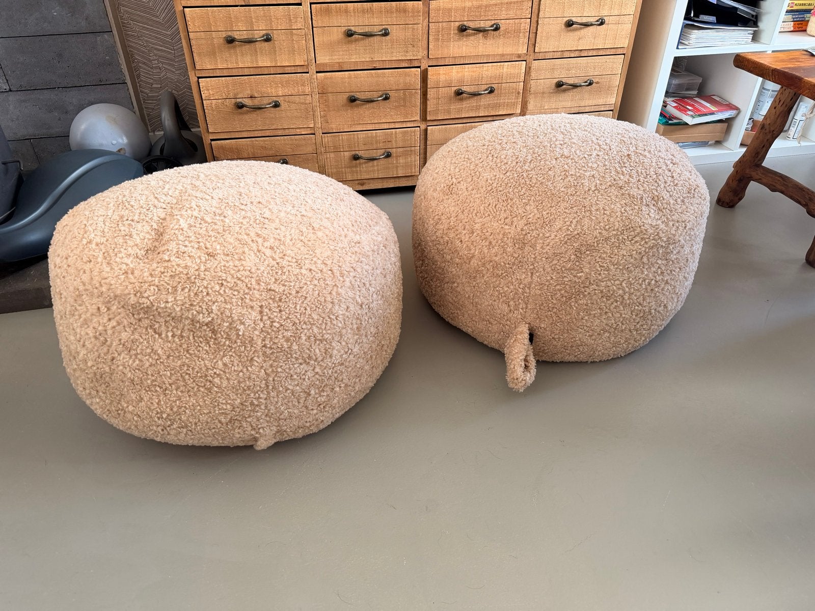 Set van 2 zachte teddy poefs – afneembare hoes, Huis en Inrichting, Zitzakken, Ophalen, Zo goed als nieuw, Beige, Zitzak