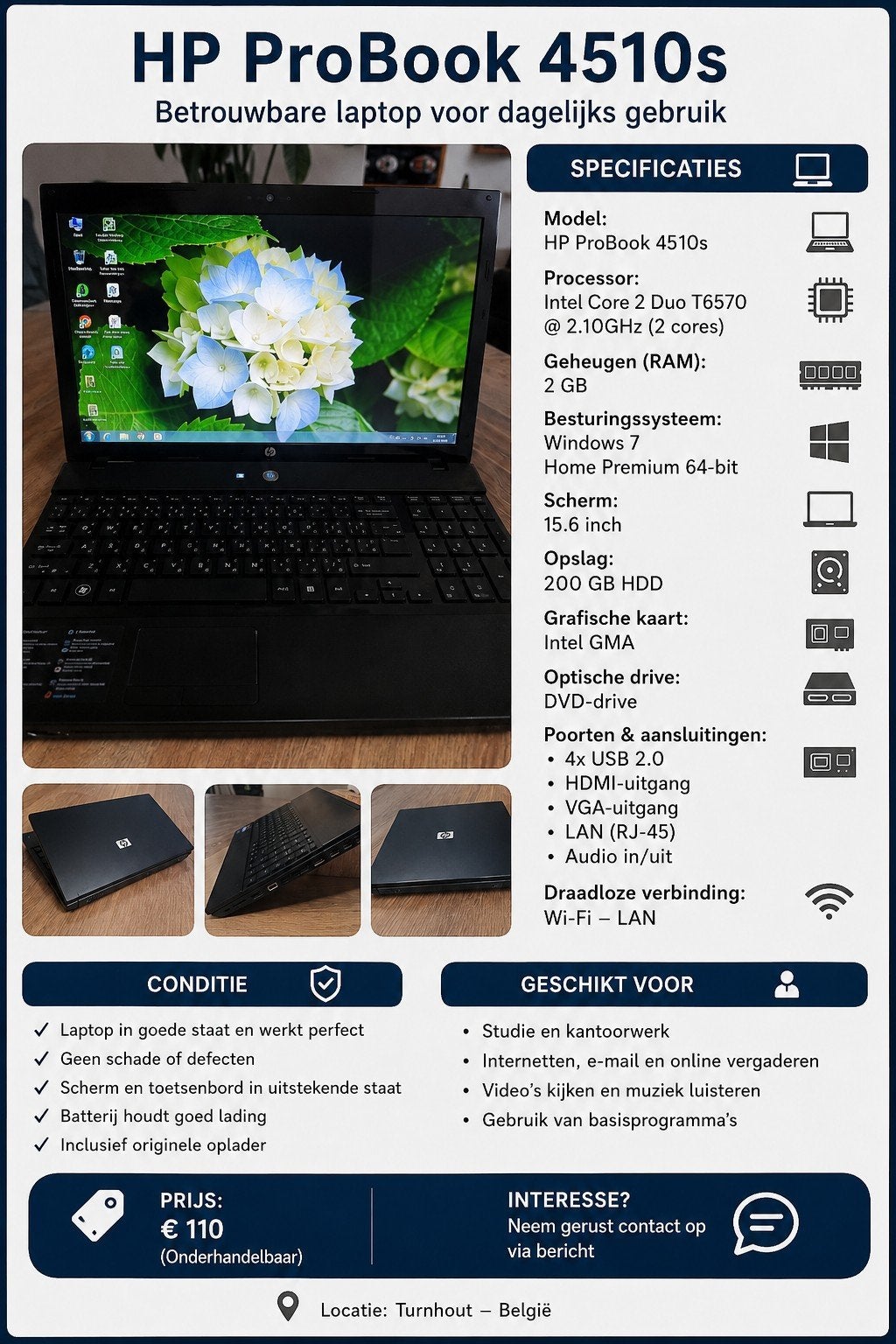 Laptop hp probook 4510s, Computers en Software, Android Tablets, Ophalen, 10 inch