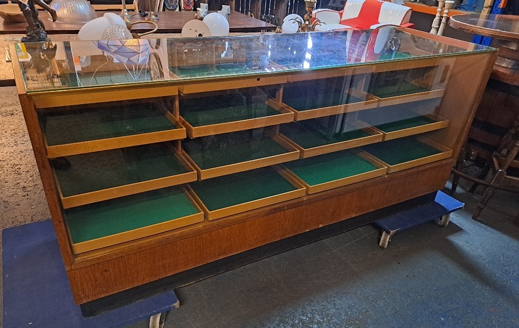 Prachtige antieke toonbank / winkel vitrine 200 x 60 x 87 cm, Ophalen of Verzenden