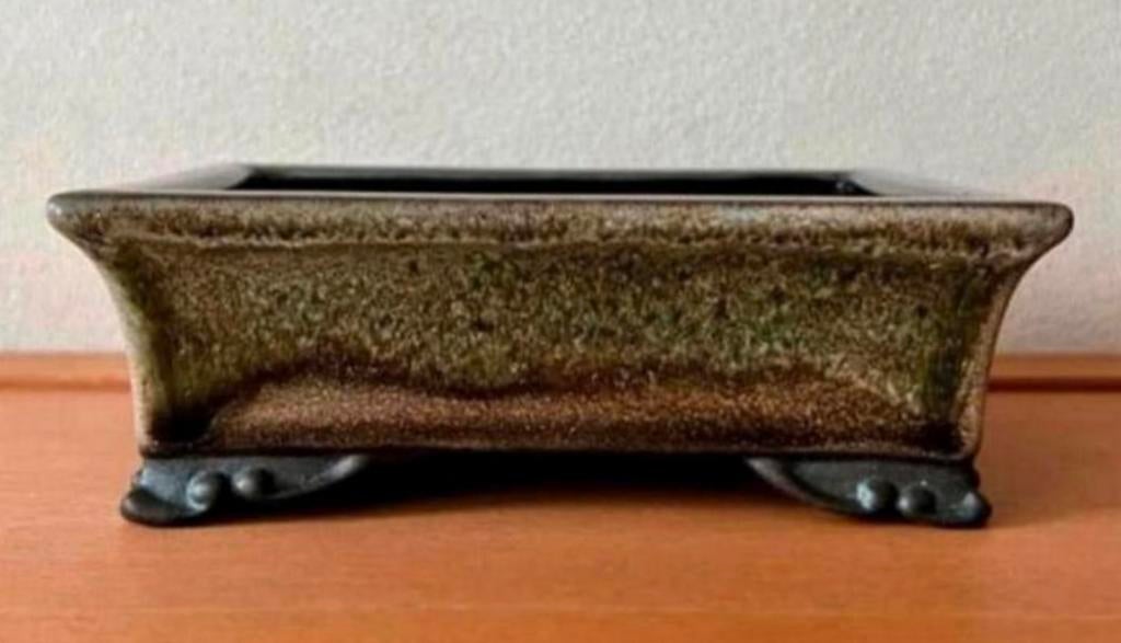 Bonsai schaal handgemaakt groen-bruin tinten 14,2x11,1x4,8, Nieuw, Ophalen of Verzenden, Aardewerk, Rechthoekig