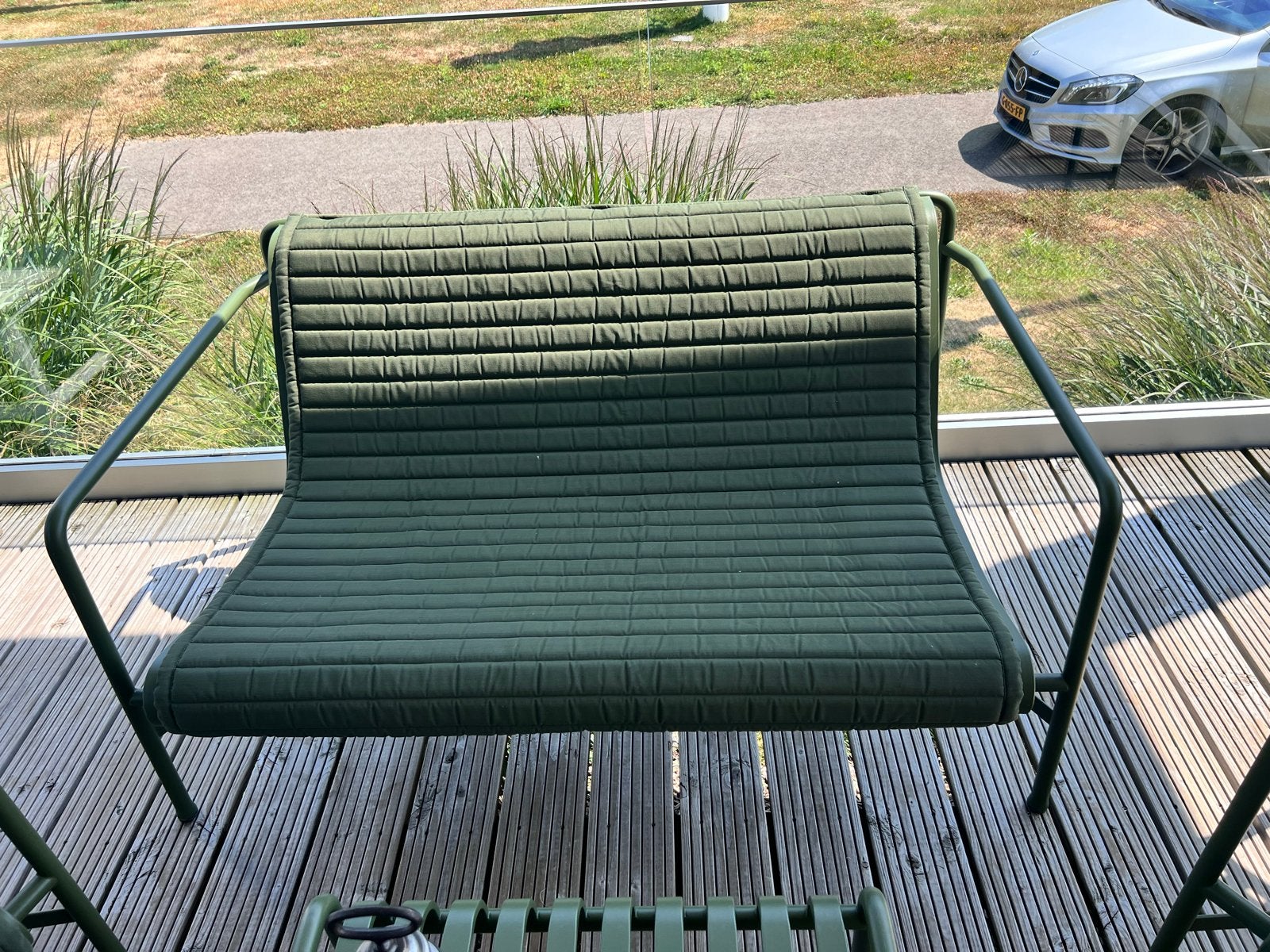 Hay palissade set met bank,loungestoel,stoel,tafel en kussen, Ophalen, 4 zitplaatsen, Bank, Zo goed als nieuw