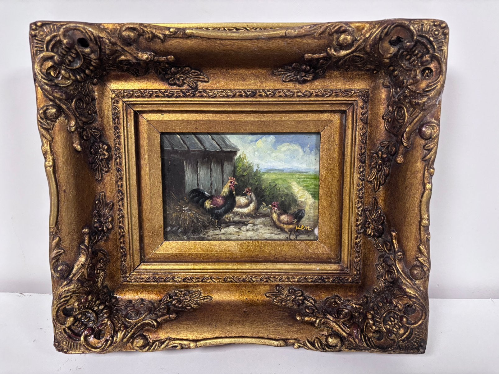Sfeervol schilderij "Kippen op het erf barokke gouden lijst, Ophalen of Verzenden