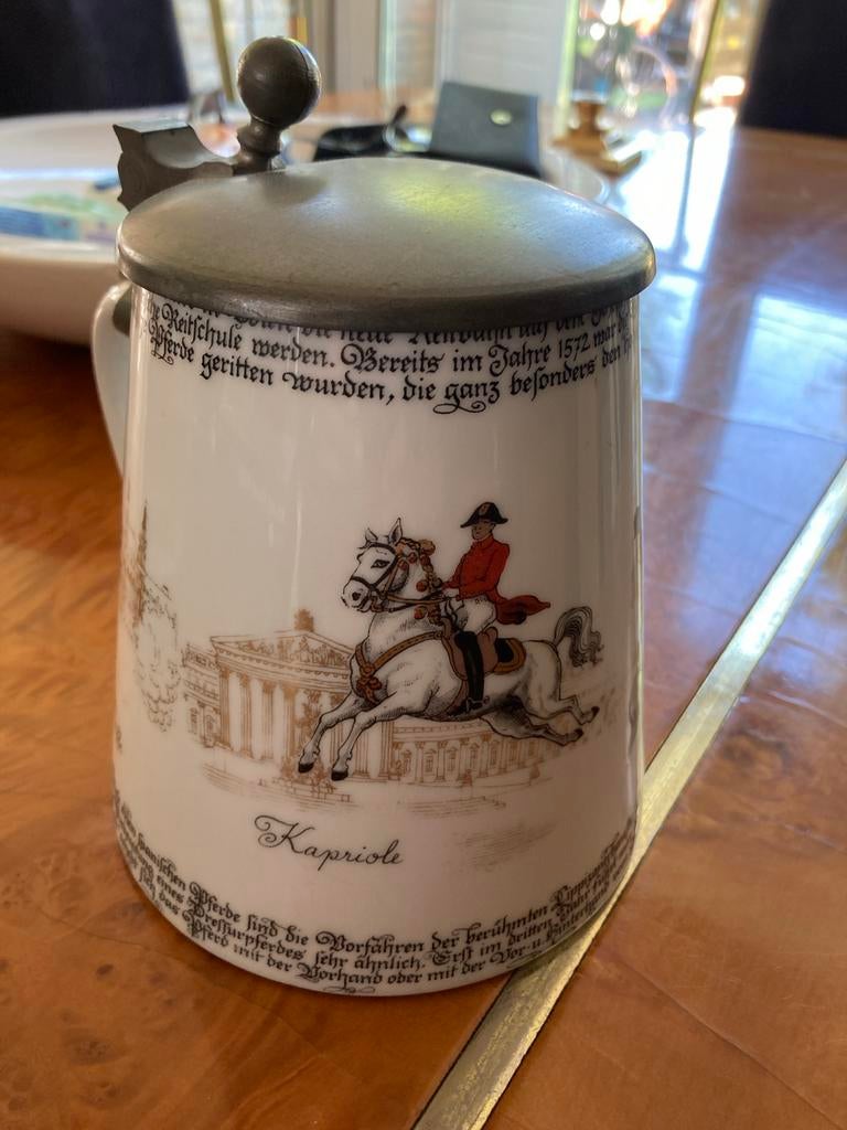 Vintage Bierpul met Tinnen Deksel en Paardendecoratie, Antiek en Kunst, Ophalen