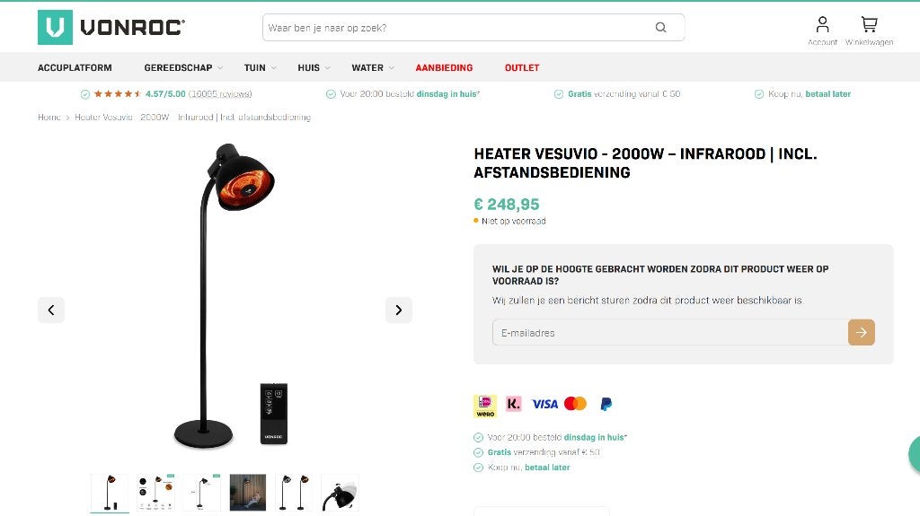VONROC Terrasverwarmer Vesuvio 2000W - Nieuw - Terras Heater, Tuin en Terras, Ophalen of Verzenden, Nieuw, Elektrisch, Vloer
